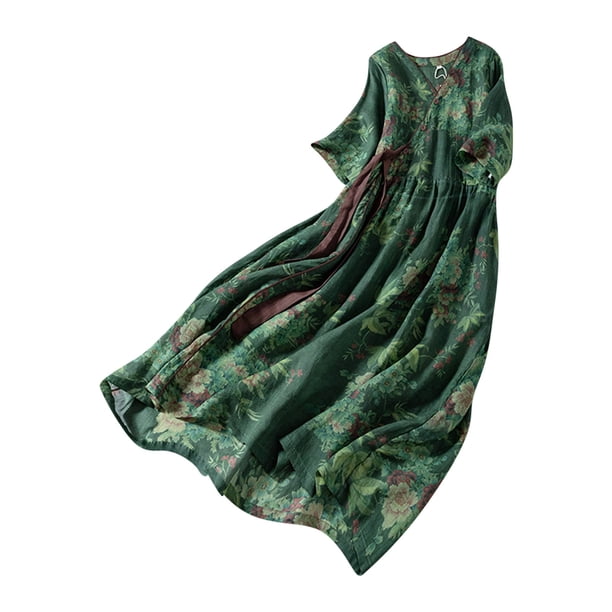 korean cotton dress Jinhomg Women Korean Style Dresses 2026 Trendy Floral Print Lace-Up Waist Shirt Dress Casual Comfy Cotton Linen Half Sleeve Line Maxi Dresses Green M