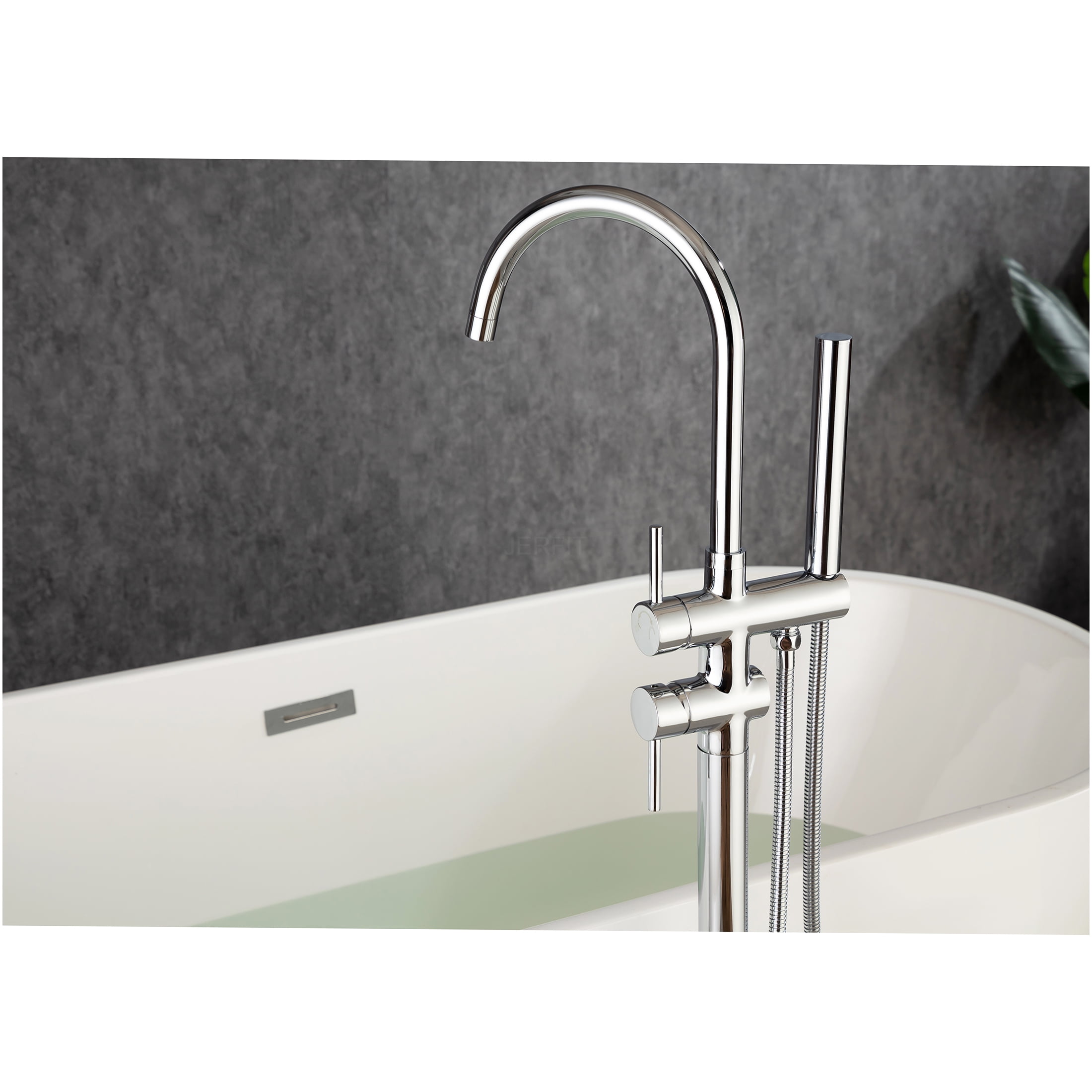JERFIT Floor Mounted Tub Faucet with Hand Shower, Single Handle Freestanding Bathtub Filler in Chrome, Brushed Nickel Finish