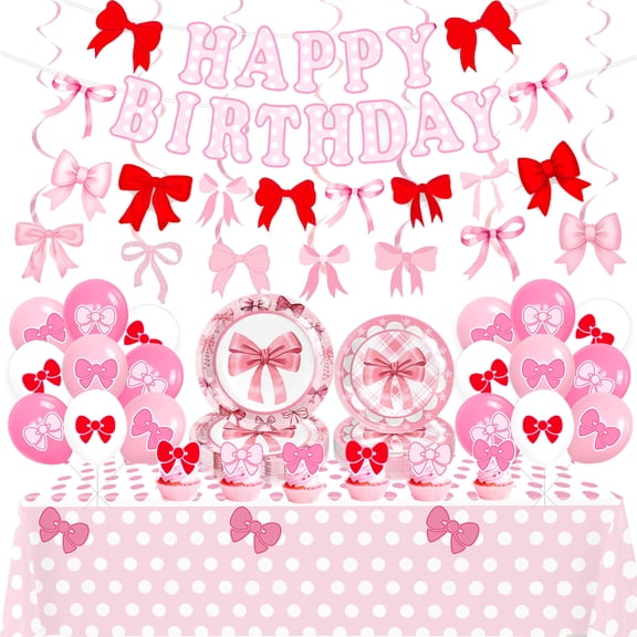 Pink Bow Birthday Party Supplies Set with Tableware and Decorations