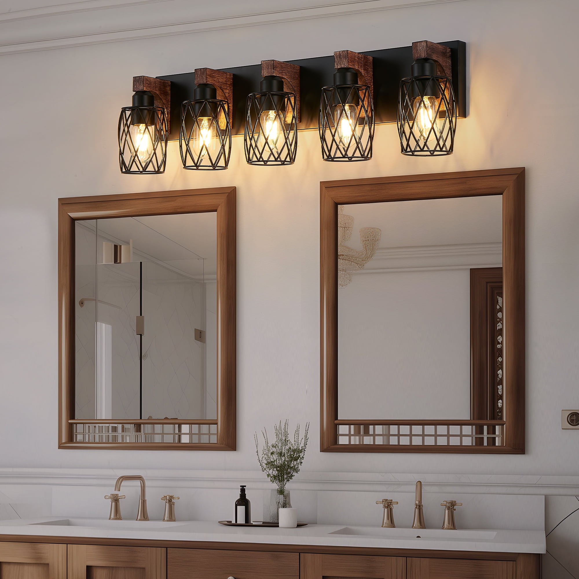 Miniyam 31 in. W 5 Lights Vanity Light Industrial Walnut Black Wall Sconce Black Cage Lighting Fixture for Bathroom Over Mirror, E26, No Bulbs Included