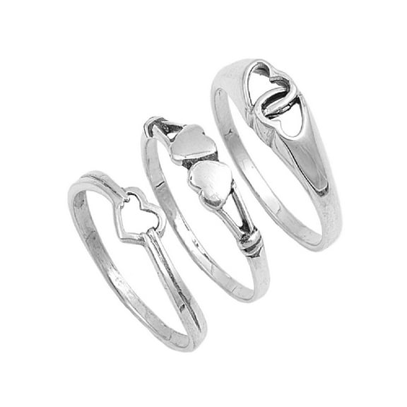 925 Sterling Silver Set of 3 Heart Ring Size 6