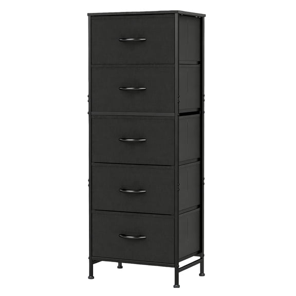 Nextay Nightstand 5-Drawer Fabric Dresser Bedside Table with Sturdy Steel Frame, Tall Storage Tower Chest with Wood Top for Bedroom, Closet, Living Room, Black