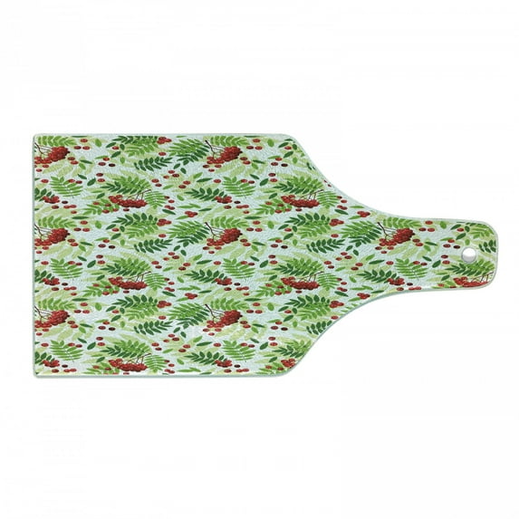 Rowan Cutting Board, Green Leaves Wild Mountain Fruits Raceme Continuous Seasonal Pattern, Decorative Tempered Glass Cutting and Serving Board, Wine Bottle Shape, Apple Green Fern Green, by Ambesonne