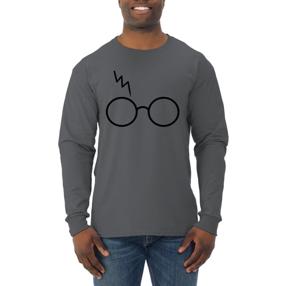 Wild Bobby, Black Wizard HP Glasses Scar, Pop Culture, Men Long Sleeve Shirt, Charcoal, Small