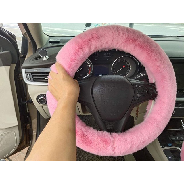 Fundas para volante de coche peludas y esponjosas, cálidas y esponjosas, universales, de piel sintética, para invierno (rosa)