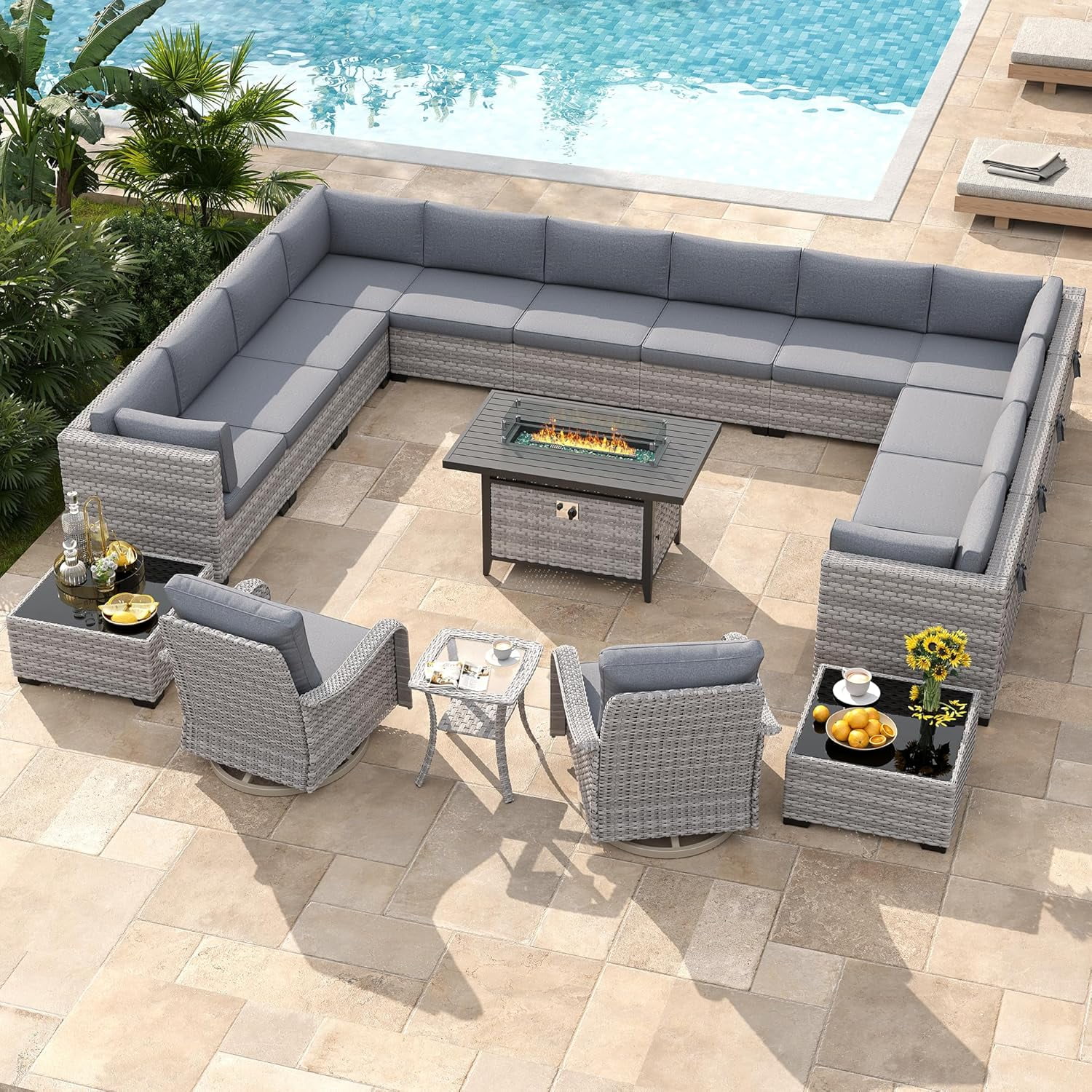 14-Seat Outdoor Wicker Patio Furniture Set with Fire Pit Table, Modular Rattan Sectional Sofa & 2 Swivel Rocking Chairs, 4" Thick Cushions, Rust-Resistant Frame,Grey