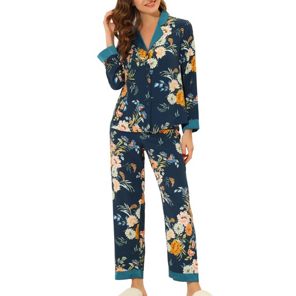 INSPIRE CHIC Women's Silk Pajamas Set Floral Button Down Satin Sleepwear XS Blue