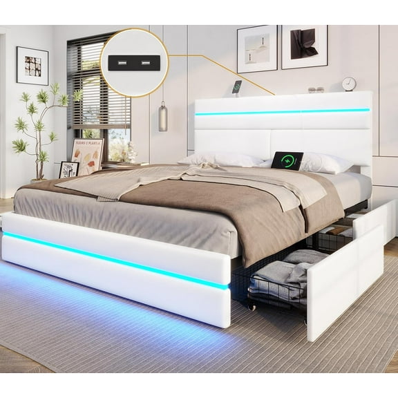 AOGLLATI Full Size Bed Frame with 4 Storage Drawers and Headboard, Leather LED Bed Frame with Charging Station No Box Spring Needed