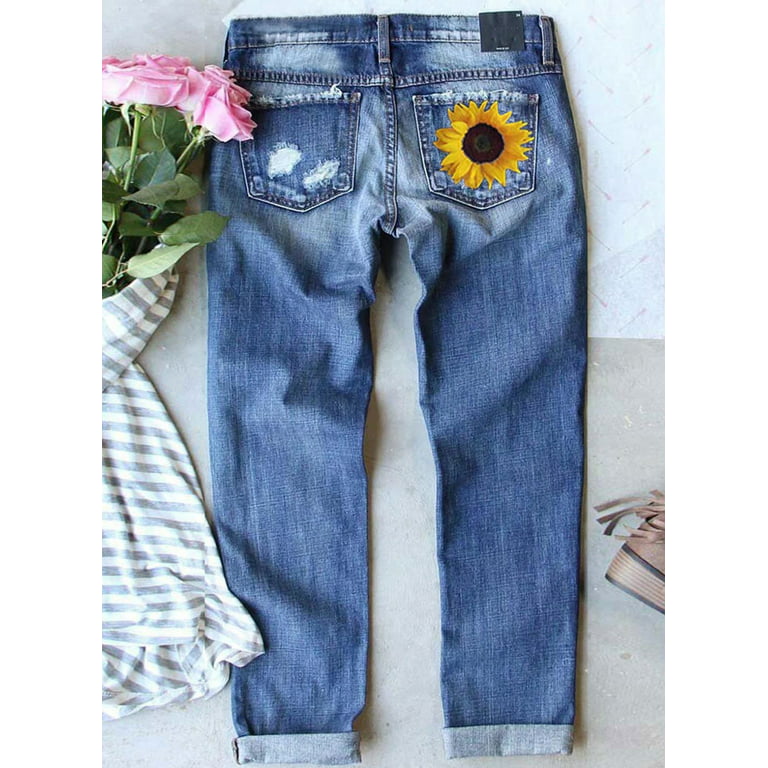 Dokotoo Blue Jeans for Women High Waist Jean Denim Ripped Pants Stretch  Denim Jeans Denim Patchwork Ladies Jeans Sunflower Printed Jeans for Women,  Us