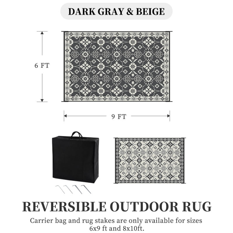 SIXHOME Outdoor Rug 6'x9' Waterproof Reversible Patio Rug Boho Floral Indoor Outdoor Rugs Lightweight Plastic Straw Ourdoor Carpet for RV Camping Deck Balcony Modern Porch Decor Gray