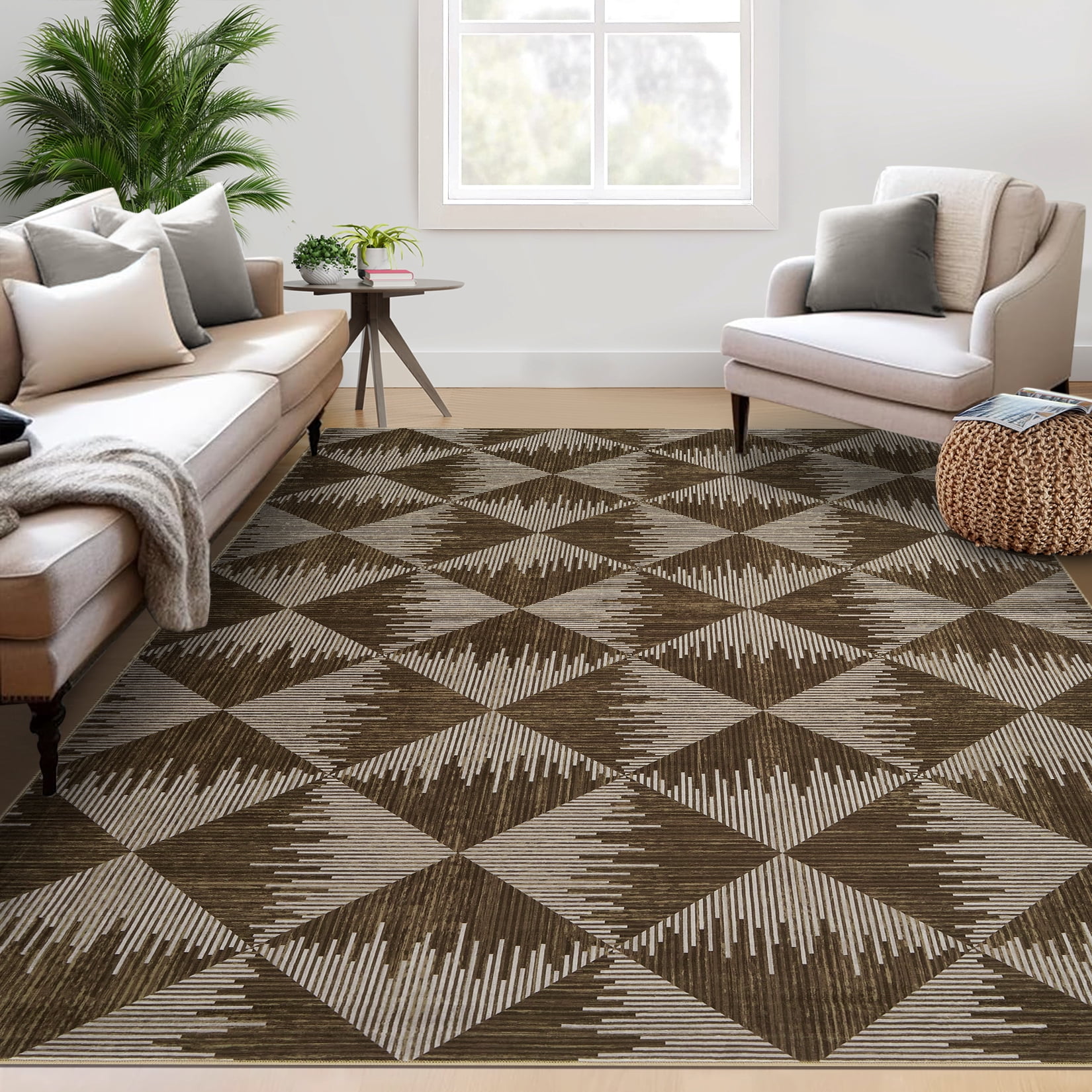 8x10 Washable Area Rugs for Living Room Non Slip Low Pile Modern Geometric Farmhouse Dining Room Carpets for Bedroom Dorm Brown