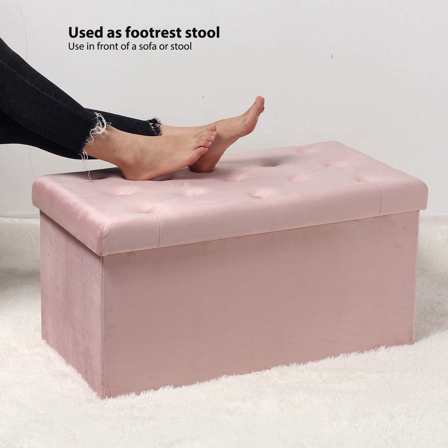 PINPLUS 31.5" Pink Velvet Ottoman with Storage Bench, Collapsible Toy Chest Box for Girls, Footstool for Living Room(Rectangular)