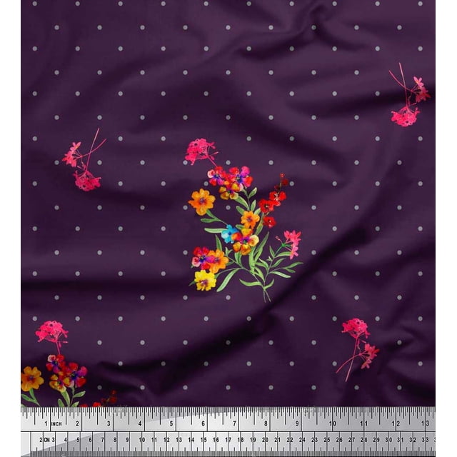 Soimoi Georgette Viscose Fabric Dot,Leaves & Periwinkle Floral Printed Fabric 1 Yard 42 Inch Wide