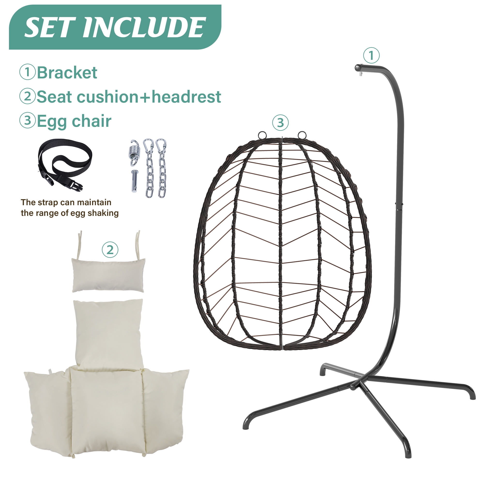 Egg Chair with Stand, Patio Wicker LHBcraft Hanging Chair, Hammock Swing Chair, 350LBS Capacity for Bedroom, Balcony, Garden(BR-BE)