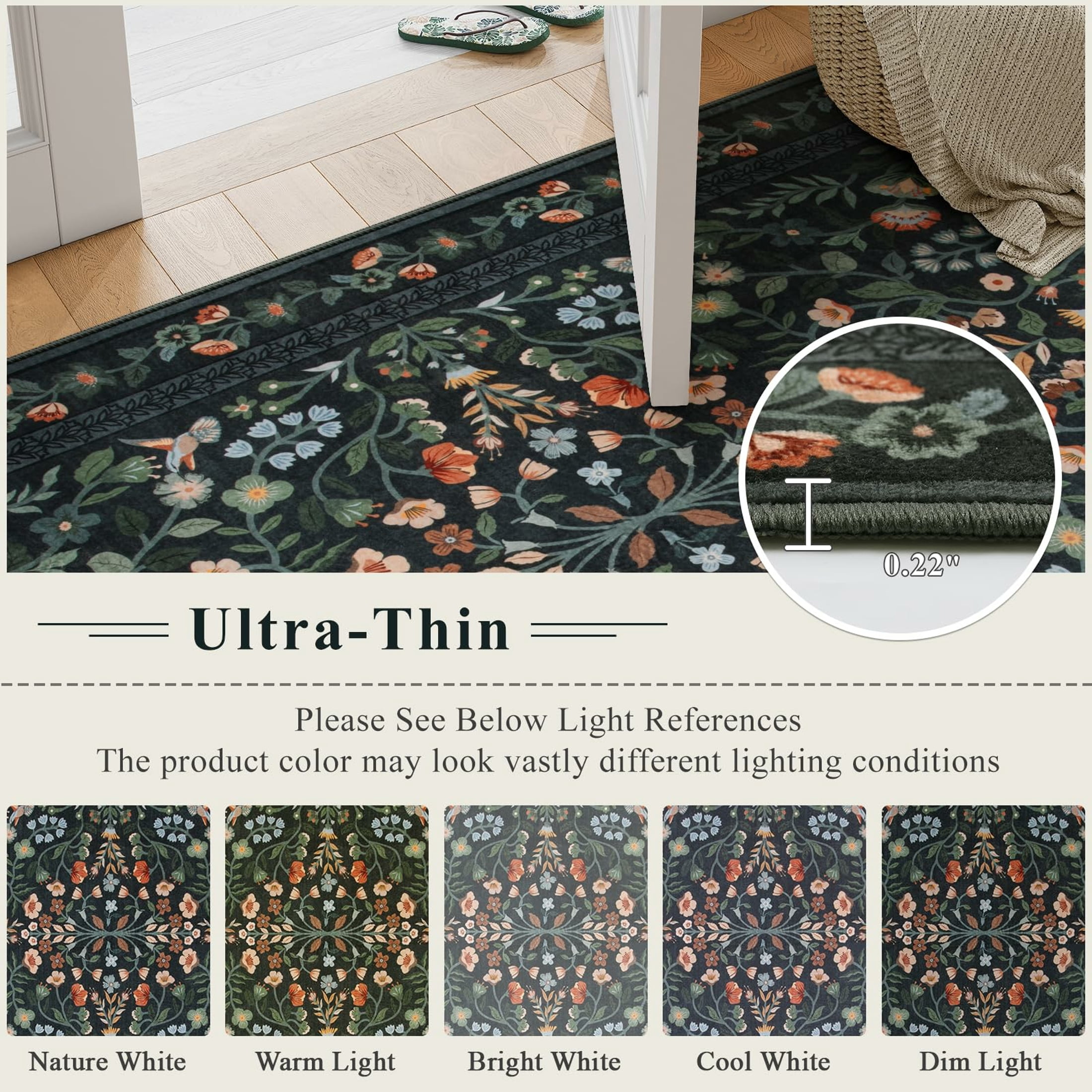 Moynesa 5'x7' Floral Area Rugs for Living Room, Washable Vintage Botanical Rugs for Bedroom, Soft Non Slip Cottagecore Flower Accent Carpet for Dining Room Dorm Apartmen, Black