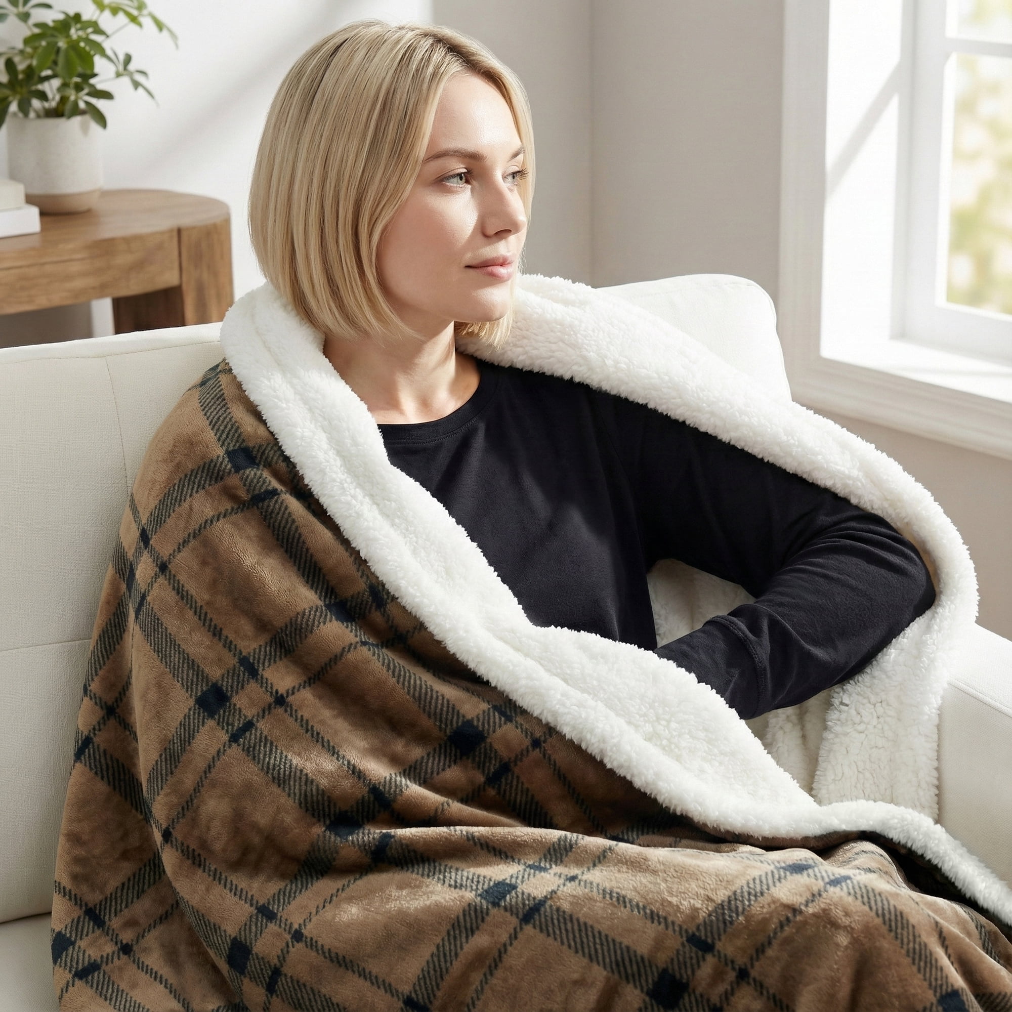 Americanflat Fleece and Reverse Sherpa Throw Blanket - 50x60 Inch Classic Tattersall Plaid - Ultra Soft Cozy Couch Cover - Warm Reversible Design - Brown
