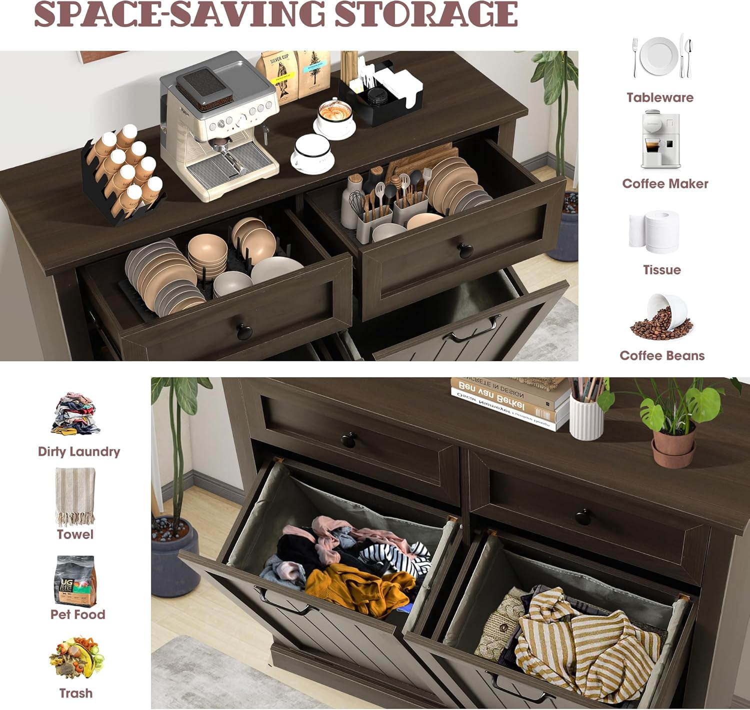 Haverchair Double Tilt Out Laundry Hamper Cabinet, Modern Farmhouse Trash Can Cabinet w/2 Drawers, Wooden 20 Gallon Hidden Garbage Cabinets with 2 Laundry Storage Baskets for Kitchen and Bathroom