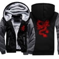 thumbnail image 2 of Chaqueta de invierno con capucha y bolsillo para hombre, con estampado de dragón rojo, estilo Harajuku japonés, abrigo grueso de terciopelo cálido y ropa holgada de forro polar, 2 of 4