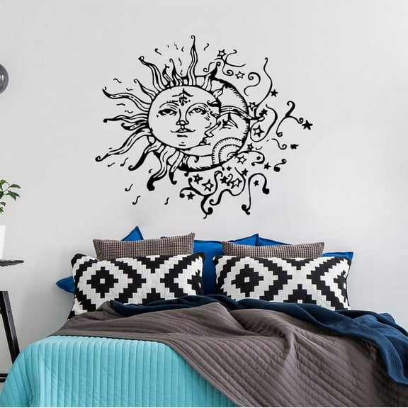 Moon Wall Decal Vinyl Sticker Decals Sun And Moon Crescent Dual Ethnic Stars Night Symbol Sunshine Home Decor Boho Bohemian Bedroom Art