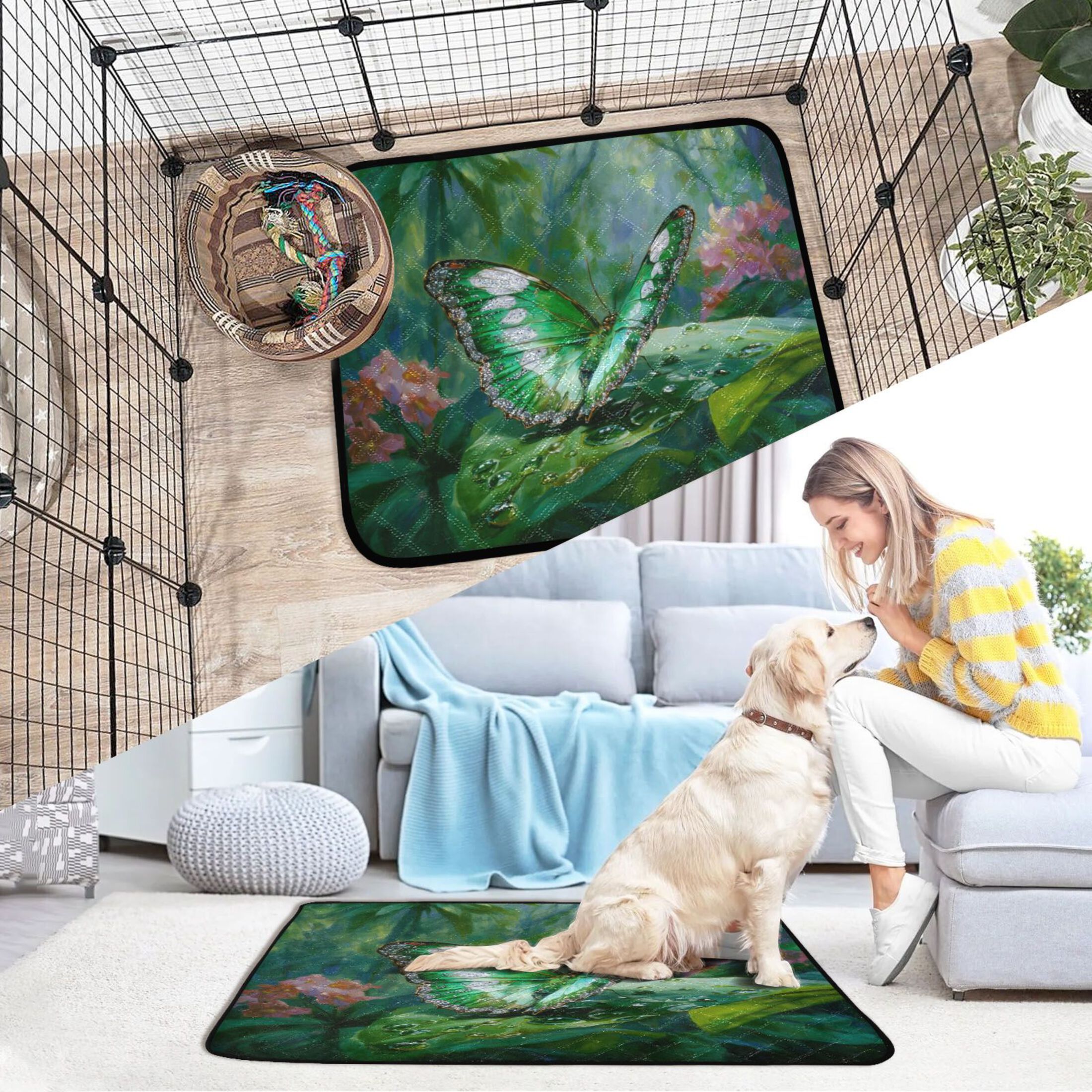 IAUYY Washable Pee Pads for Dogs Smallx3 Absorbent and Leak-Proof Non-Slip Reusable Puppy Pee Pads for Dogs Applicable to Playpen Potty Crate The Beautiful Green Butterfly