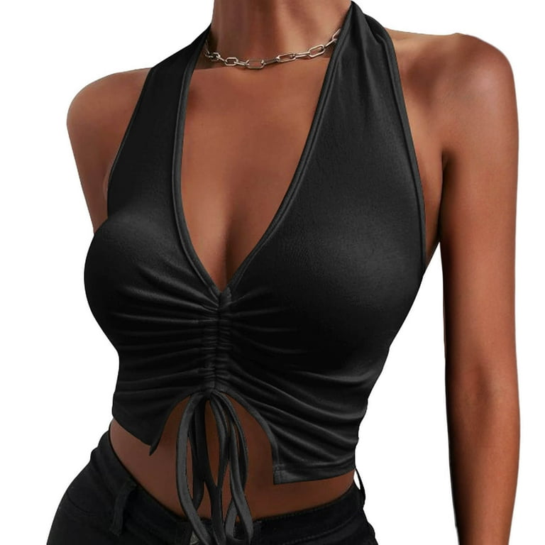 EHQJNJ Tank Tops for Women Loose Fit Women Backless Top V Neck Solid Color  Halter Drawstring Pleated Cropped Top Sleeveless Tank Top Cropped Tank Top  Lace Corset Top 