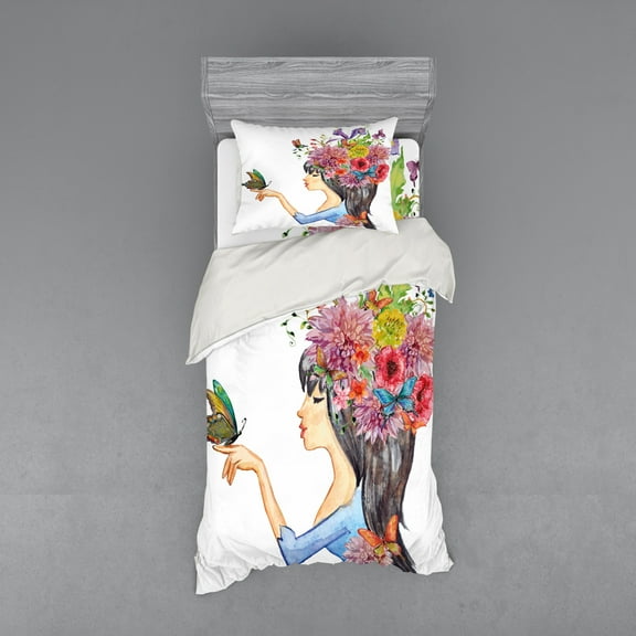 Ambesonne Colorful Bedding Set 3 Pcs, Long Haired Woman, Twin, Multicolor