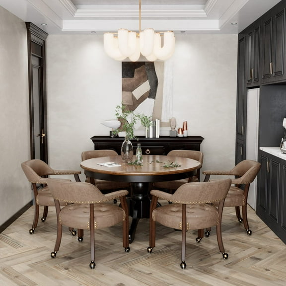 JESONVID Set of 6 Dining Chair with Casters, Captain's Chair with Caster Dining Chairs with Rollers Curving Backrest Dinette Sets Poker Chairs with Wheels Kitchen Rolling Chair,Cherry&Light Yellow