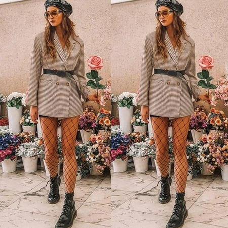 Apring Autumn Women's Plaid Notched Lapel Collar Double Button Office Blazer Long Sleeve Outerwear Lady Suits Jacket (No Belt)