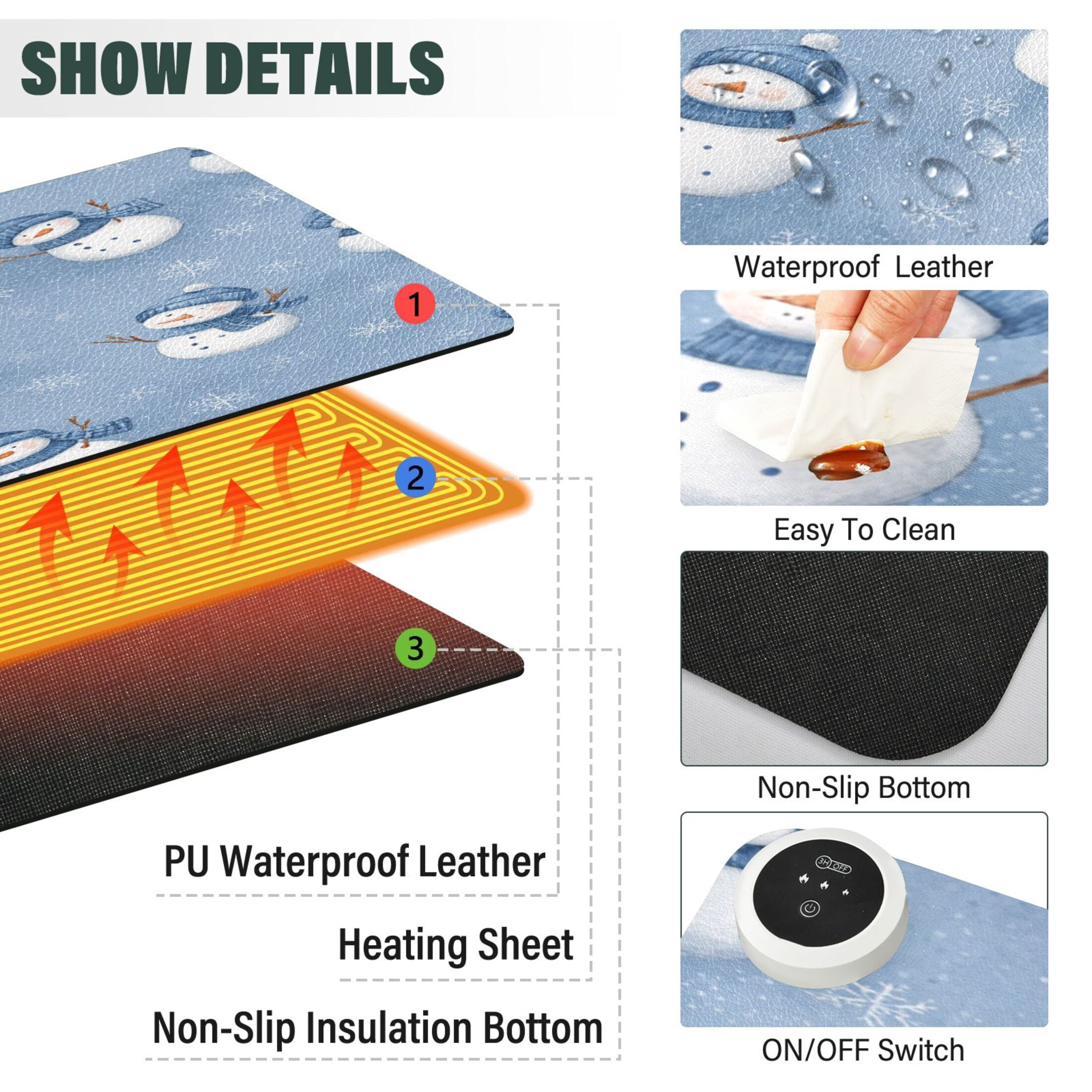 Large Heated Desk Mat Mouse Pad 31.5"x13"PU Leather Graphene Heating Desk Warmer with 3 Temperature Settings 110V US Plug Non-Slip Warm Pad for Home, Office, and Gaming Cute Branch Snowman Pattern