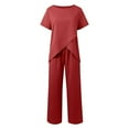 thumbnail image 4 of Duoif Womens Summer Outfits Women's Two Piece Outfits Irregular Short Sleeve Crew Neck Pullover Top Elastic Waist Wide Leg Pull on Pants Set with Pockets Pant Suits for Women Dressy Wine S, 4 of 7