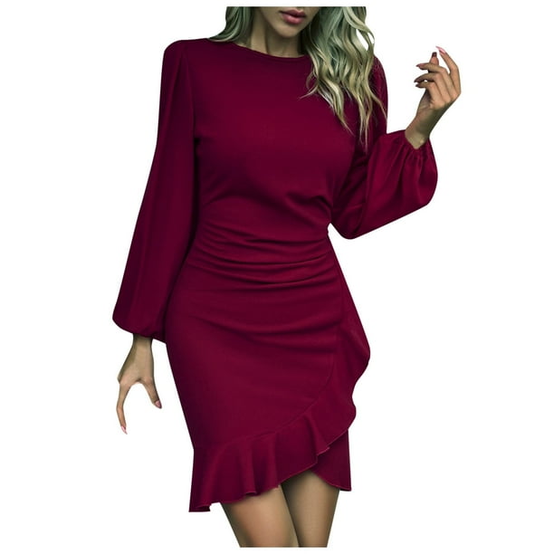 Vestido ajustado de manga larga con mangas abullonadas para mujer: elegante vestido midi de fiesta con mangas abullonadas
