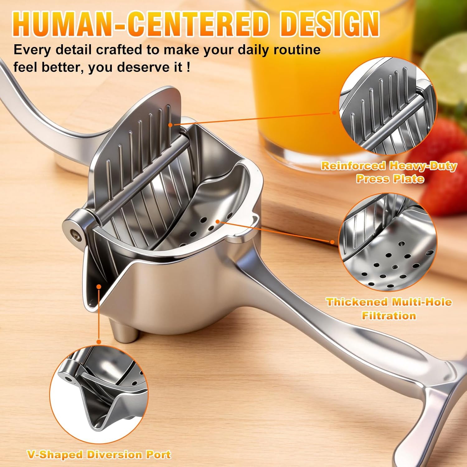 KANOHENO Hand Juicer Squeezer,Heavy Duty Manual Fruit Juicer Press with Large Capacity,Detachable Aluminum Alloy Juice Extractor