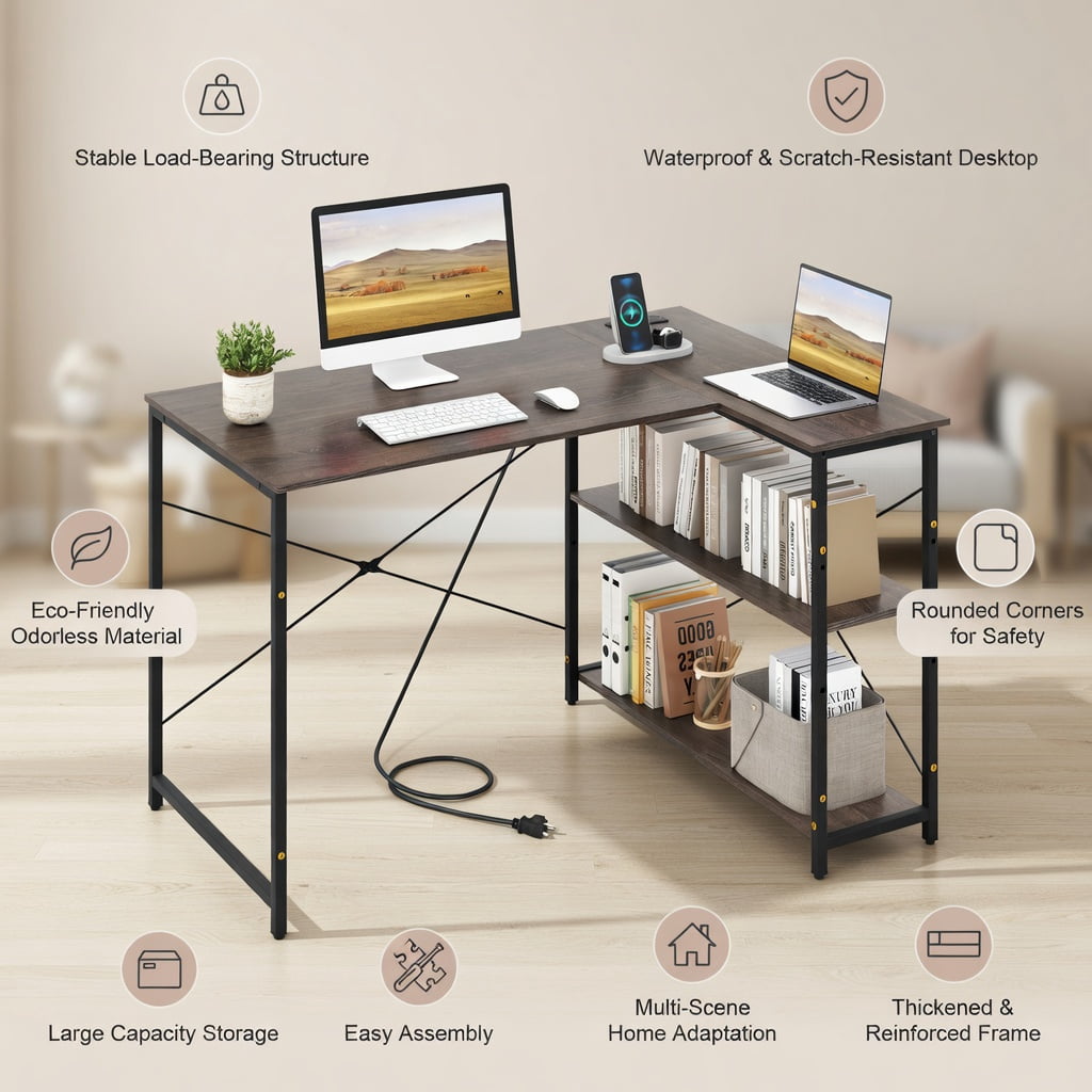 Demi Bonn 48" Reversible L Shaped Computer Desk with Adjustable Shelf, Small Home Office Desk Study Writing Table, Gray