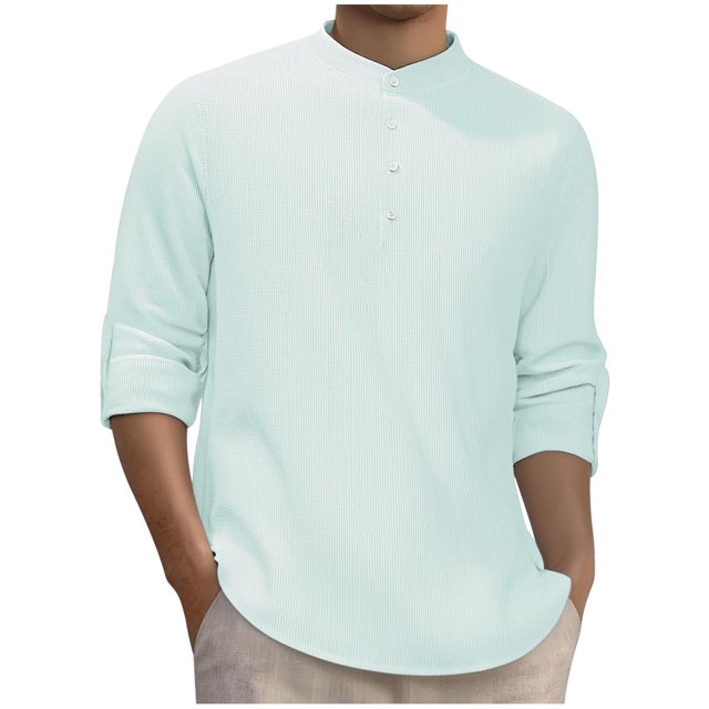 pstuiky Camisas suaves de manga larga para hombre, Camisa básica de manga larga para hombre, semiabierta, con cuello alto, botones, informal, holgada, a rayas, de manga larga salir tops l