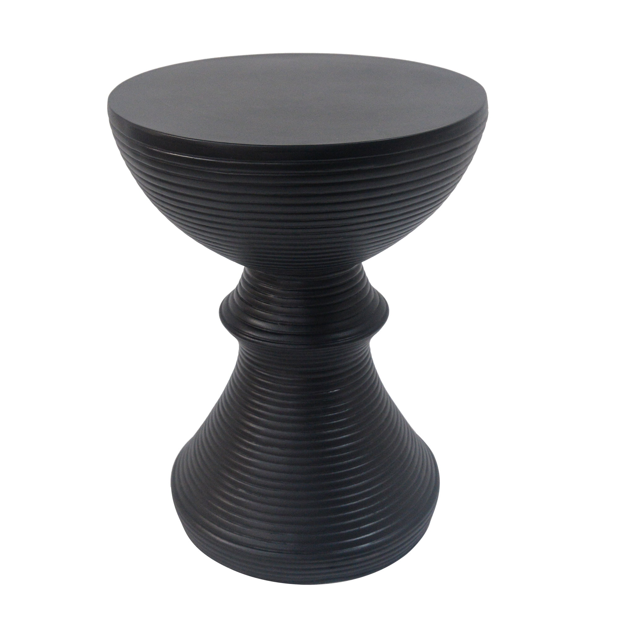 Hourglass Concrete Side Table, 16 Inch Ribbed Outdoor End Table for Patio Garden, Black