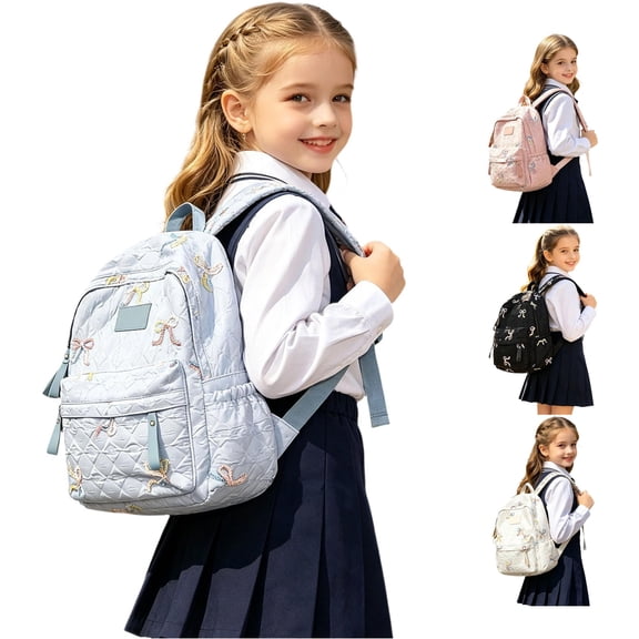 GobdXE Back To School Unisex Student Quilted Pastel Bow Embroidery Backpack Front Zipper Pocket Lightweight Casual Daypack Size:One Size