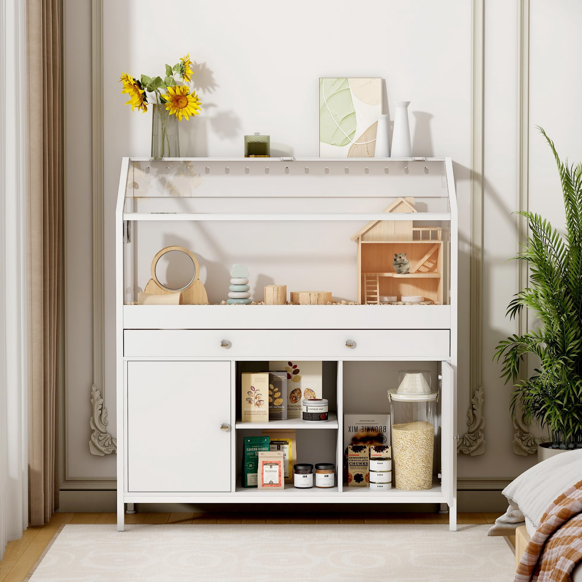 Akaber 43.3" Small Animal Cage with Storage Cabinet, Large Habitat with LED Light and Fan, Acrylic Panels