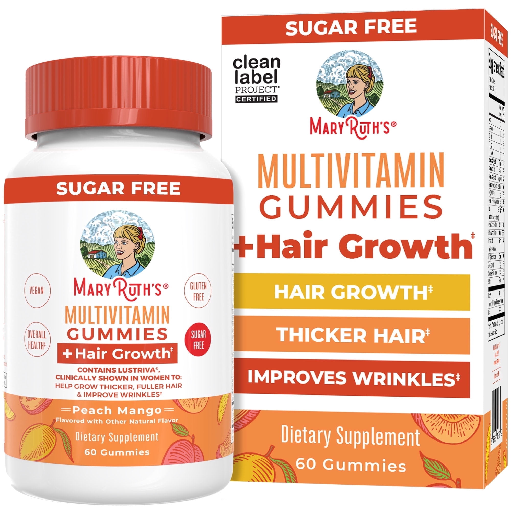 MaryRuth's Multivitamin Gummies + Hair Growth Gummies, Hair Health and Skin Support, Adults Ages 18+, Peach Mango, Gluten-Free, Vegan, 60 Count