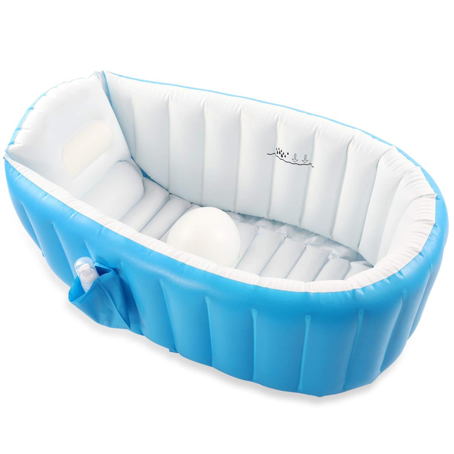 Pawsky Portable Infant Toddler Bathing Tub Non Slip Travel Bathtub Mini Air Swimming Pool Kids Thick Foldable Shower Basin Blue Baby Inflatable Bathtub 