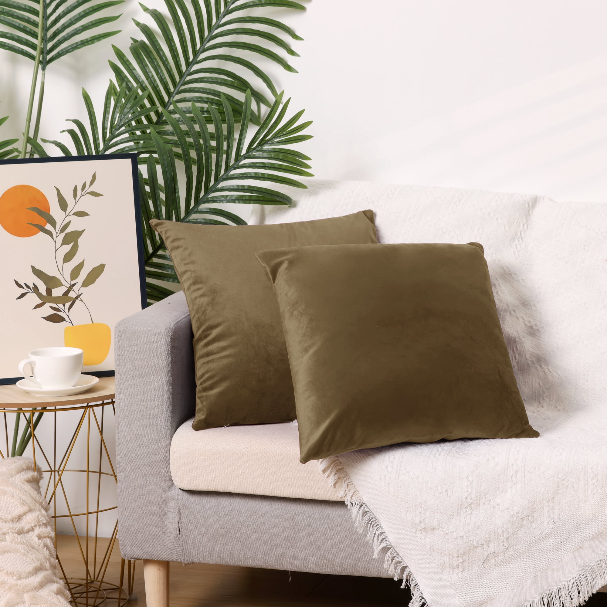 Unique Bargains Velvet Modern Zipper Cushion Decorative Throw Pillow Covers (2 Count) Brown 16" x 16"