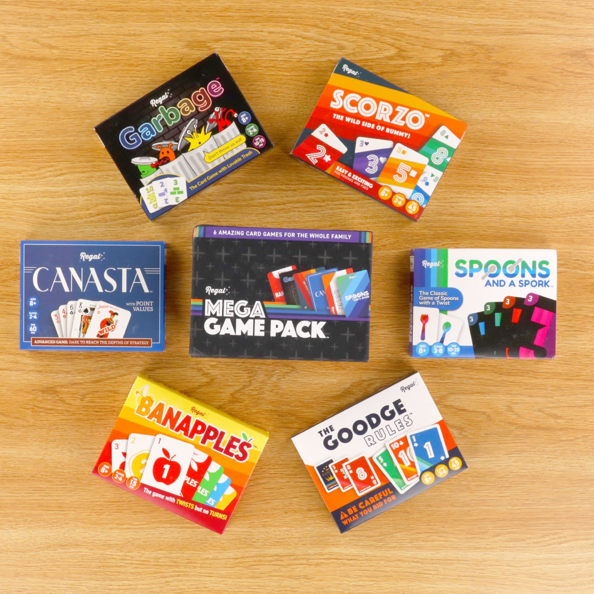Regal Games, Mega Game Pack, 6 Card Games- ScorZo, The Goodge Rules, Banapples, Spoons and a Spork, Garbage, and Canasta - for Family Gatherings & Game Nights