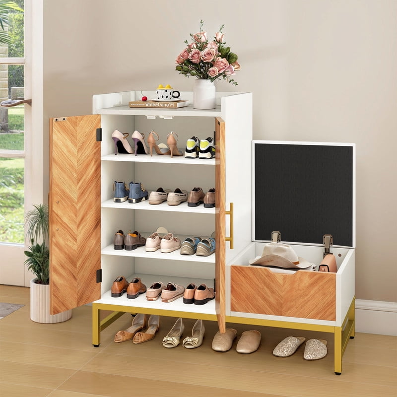 Uforic 4-Tier Shoe Storage Cabinet with Cushioned Bench, Modern Shoe Organizer for Entryway & Bedroom, White
