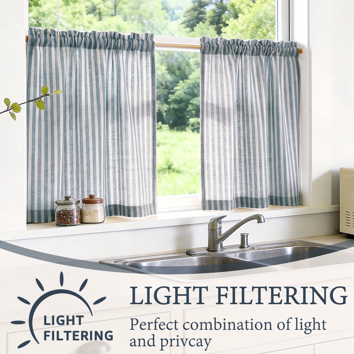 TOPICK Striped Kitchen Curtains and Valance Set 36 Inch Small Linen Curtains for Cafe Living Room Bathroom Farmhouse 3 Pieces Set Rod Pocket Blue