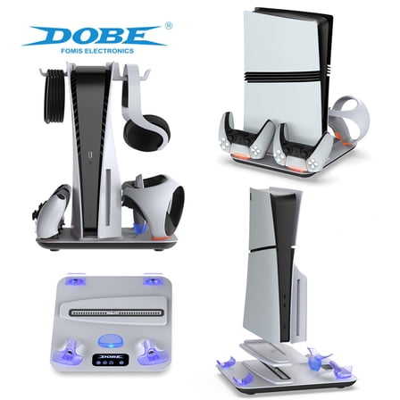 Universal PS5/PS5 Slim/PS5 Pro Multifunctional Cooling Stand - PSVR2 & DualSense Controller Charging Dock with Headphone Hanger, Vertical Console Holder for Disc/Digital Editions