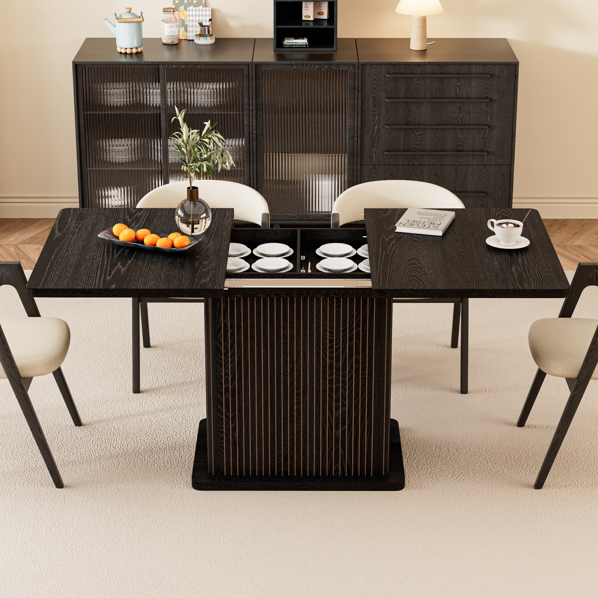 Extendable Dining Table for 4-8, Rectangle Dining Room Table with Storage, Modern Kitchen Table for Dinner, Living Room, Black