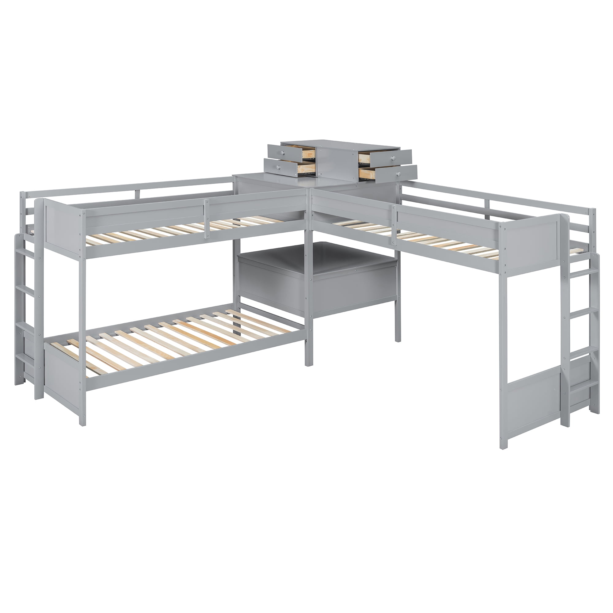 Mintazer Twin L-Shaped Triple Bunk Bed with Desk & Charging Station, Triple Bunk Bed with 4 Drawers & Guardrails for Kids Teen Bedrooms, Gray