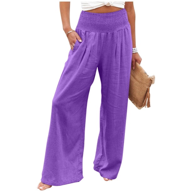 Pantalones largos de pierna ancha SCZ de lino de algodón cintura alta sueltos casuales con bolsillos púrpura 3xl