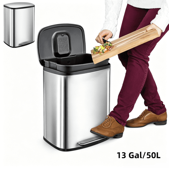 13 Gallon/50L Step Trash Can, Stainless Steel Kitchen Waste Bin with Removable Inner Bucket for Bathroom, Bedroom, Office