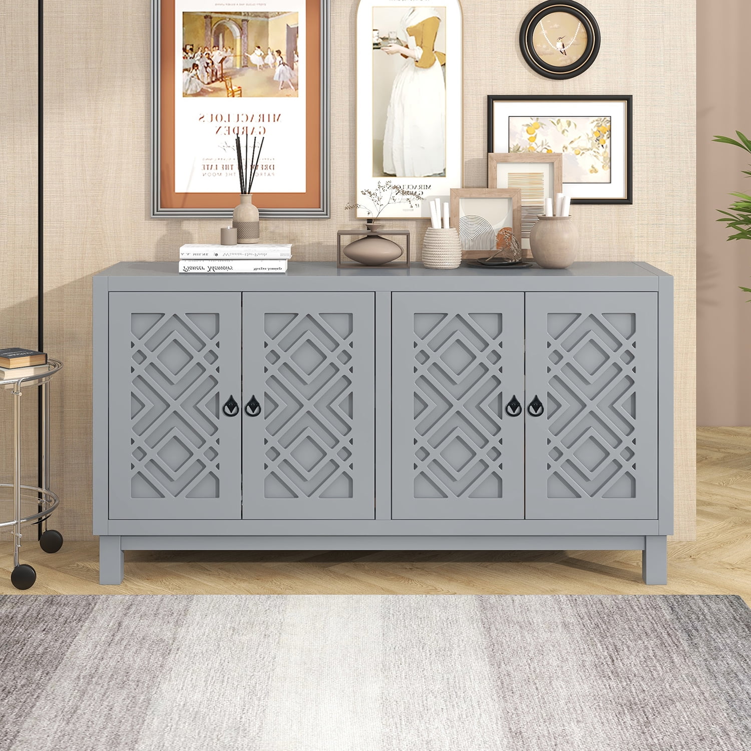 Kadyn Storage Sideboard Buffet Cabinet, 4 Door Sideboard with Pull Ring Handles, Kitchen Storage Cabinet for Living Room, Light Gray Kadyn Storage Sideboard Buffet Cabinet, 4 Door Sideboard with Pull Ring Handles, Kitchen Storage Cabinet for Living Room, Light Gray
