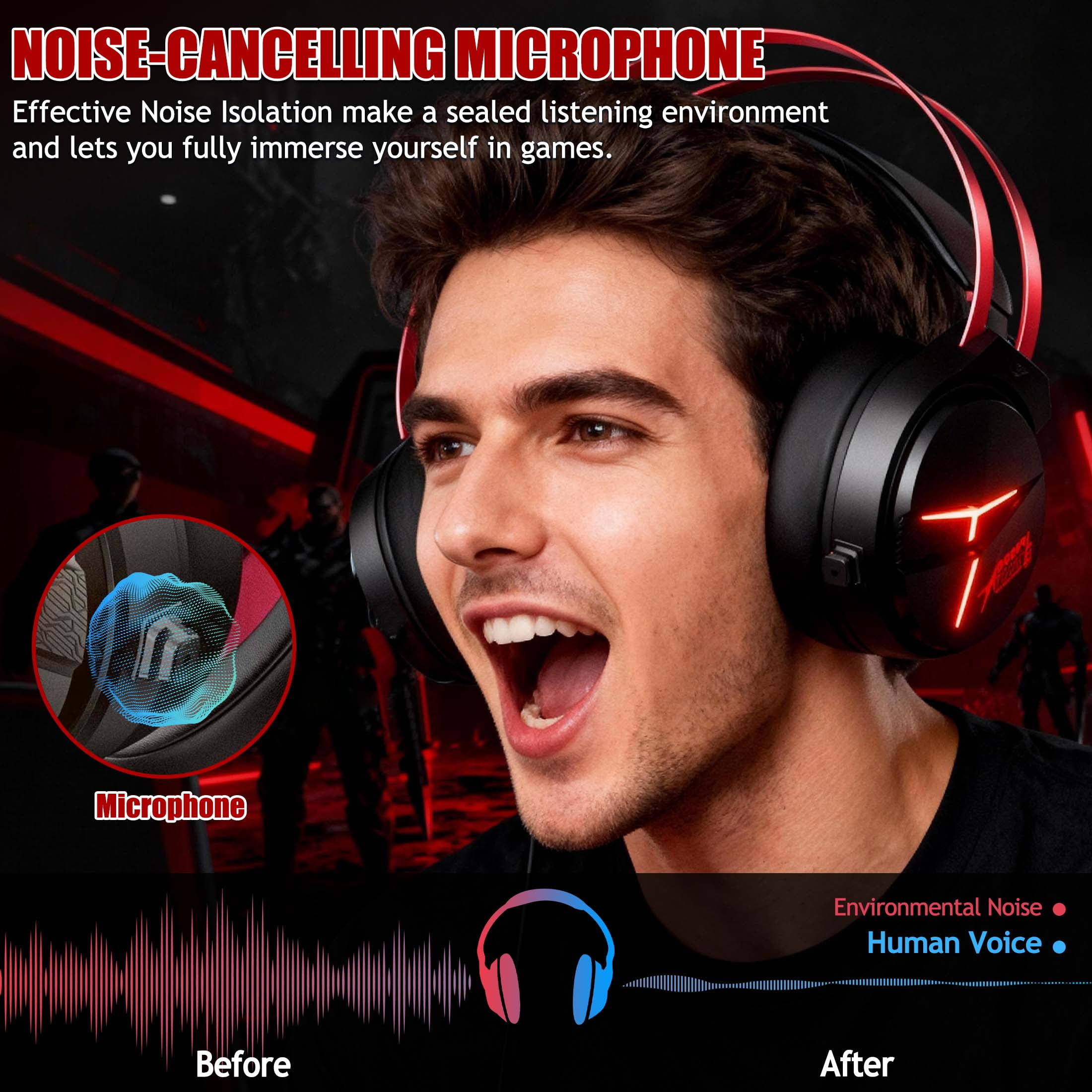Wireless Gaming Headset with Mic, Bluetooth & 2.4GHz Over-Ear Headphone for PS5 PS4 Nintendo PC with Noise-Canceling Microphone & 7.1 Pro Surround Sound - Black Red
